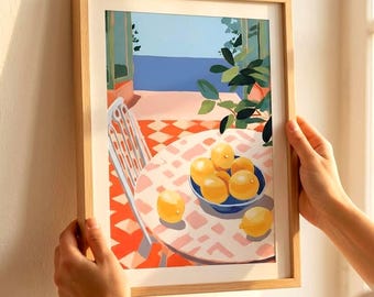 Zitronen Poster Küche, mediterraner Kunstdruck im Amalfi Coast Stil, farbenfrohe Wandkunst mit Meerblick