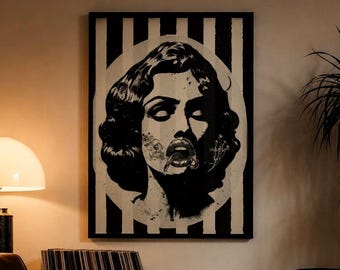 Surreal portrait of a woman in black and beige, vintage collage wall art, art noir poster, black and white art
