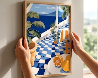 Orange Poster, Italian Coastal Wall Art, Dopamine Kitchen Decor, Botanical Lemon Print, Mediterranean Summer Kitchen Picture