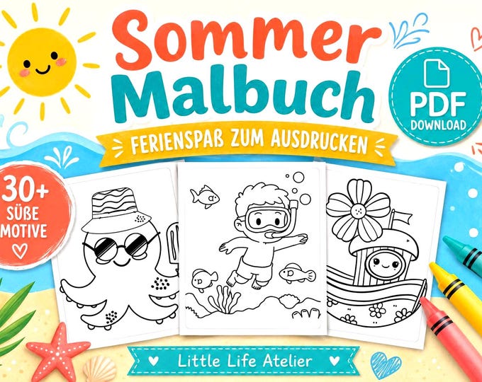 Summer Coloring Book for Kids PDF, 30 Coloring Pages for Vacation, Holidays and Travel