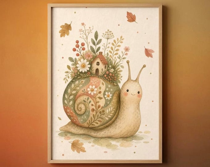 Snail Poster for Children's Room | Woodland Animal Wall Mural with Flower House | Watercolor Baby Room Poster | Scandinavian Children's Room Decor