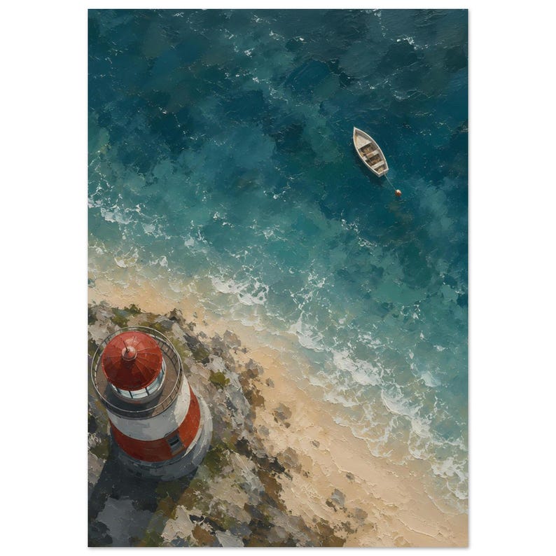 North Sea lighthouse poster, maritime coastal wall art with boat, coastal lighthouse wall art for the holiday home image 7