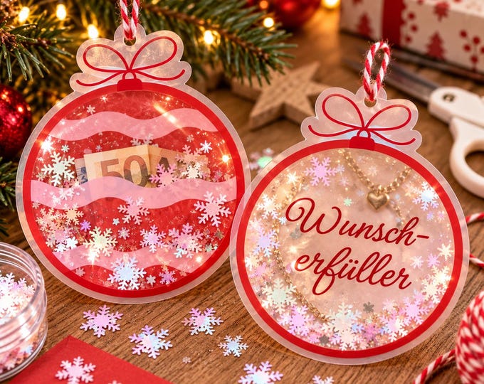 Wunscherfüller Weihnachten | 5 DIY Schüttelkarten als Weihnachtskugeln | Geldgeschenk & Gutschein Verpackung | PDF Vorlage