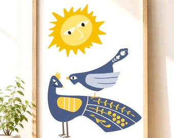 Bird Couple Poster Scandinavian – Folk Art Wall Art in Blue & Yellow for Children's Room, Baby Room or Living Room