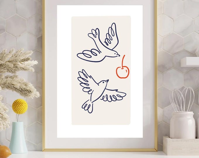 Minimalist Bird Line Art Poster – Two Birds with Cherry – Modern Wall Art – Scandinavian Wall Decor – Minimalist Animal Poster