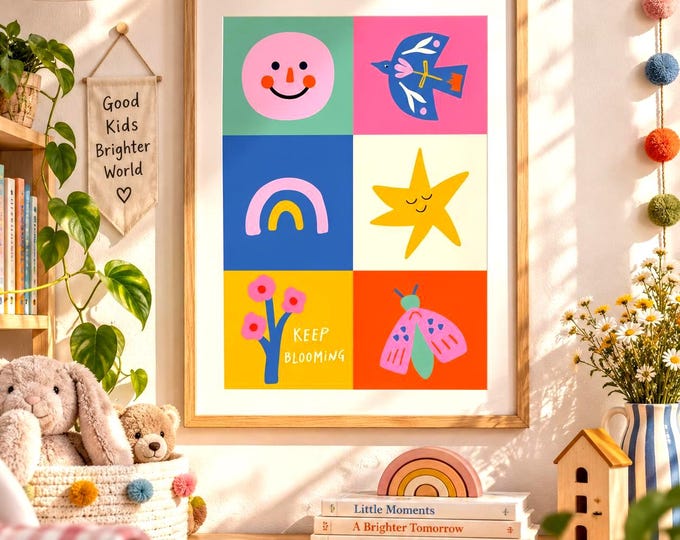 Colorful poster for the nursery | Nursery wall art with bird, rainbow & animals | Nursery wall art | Baby room decor