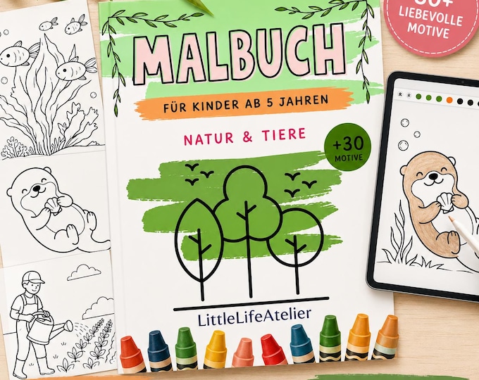 Coloring book for children aged 5 and up, PDF download – 30+ coloring pages of nature, animals, farm, and sea – digital for printing and tablet coloring, activity for children
