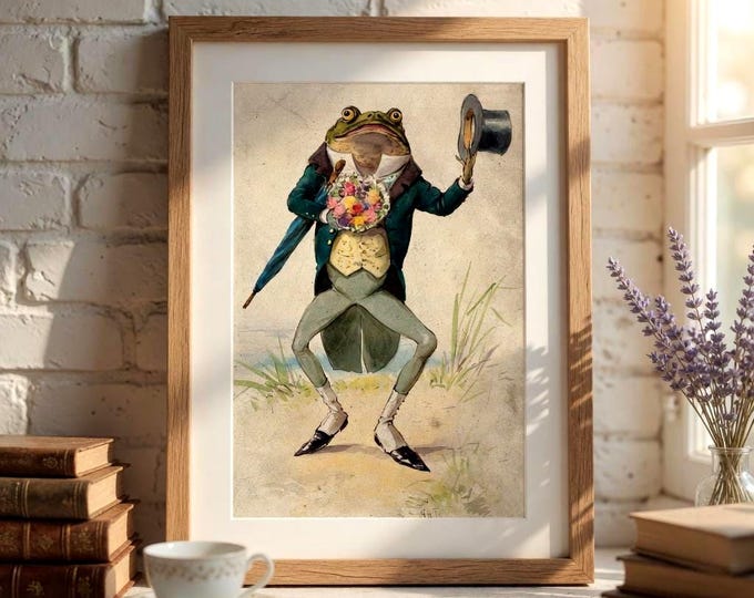 Funny vintage-style frog poster | Victorian art print with top hat | Cottagecore wall art for living room, hallway & reading nook