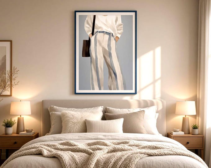 Fashion poster watercolor in blue & white – minimalist fashion illustration, modern wall decoration