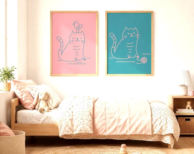 Cat Poster for Kids' Room | Cute Cat Wall Art in Pink or Turquoise | Baby Room Decor | Minimalist Animal Illustration