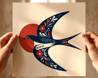 Nordic Folk Swallow Poster | Scandinavian Wall Art in Blue & Red | Bird Art Print for Living Room, Reading Nook, Bedroom, Gallery Wall