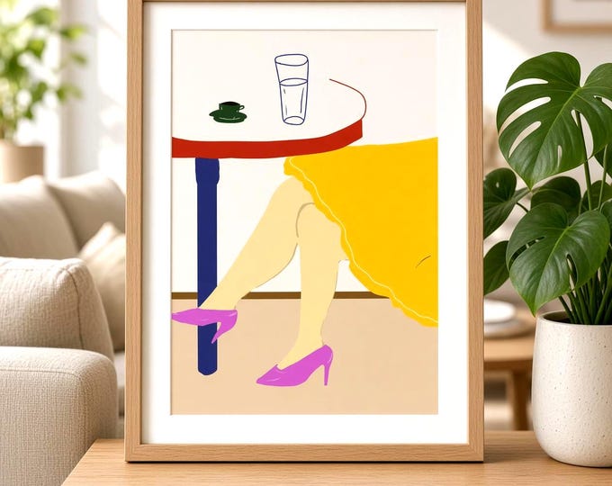 Frau im Café | Mid Century Wandbild | Retro Frauen Illustration | Moderne Wandkunst für Küche & Wohnzimmer