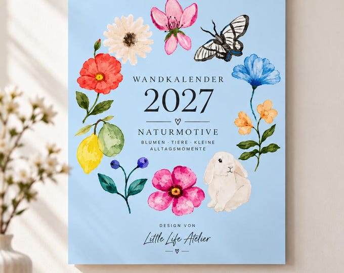 Wall calendar 2027 with colorful watercolor motifs, flowers & animals, vibrant nature calendar, Dopamine Decor, Christmas gift idea