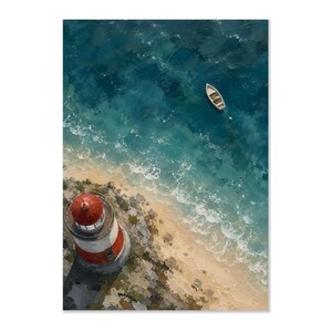 May include: An oil painting depicting a red and white lighthouse situated on a rocky cliff edge overlooking a sandy beach. The turquoise ocean water features visible white foam waves and a small white rowboat floating near the shoreline.