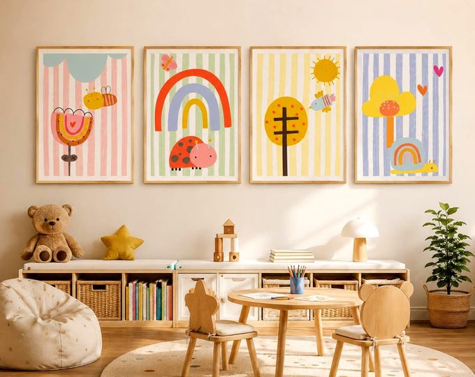 Bee, Bird, Rainbow, Snail Poster for Children's Room - Cute Animal Poster | Modern Nursery Decor, Pastel Animal Picture for Baby's Room