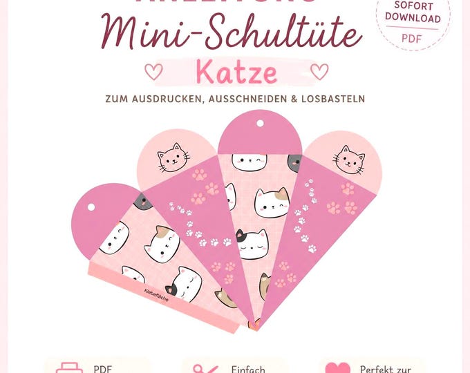 Printable school cone template PDF - Mini school cone craft template with cat | Printable candy cone | Last-minute back-to-school gift download