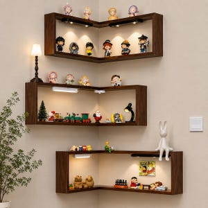 Op de afbeelding: Drie hoekplanken van donker hout die verticaal aan een muur zijn gemonteerd. Elke plank is voorzien van geïntegreerde ledverlichting en bevat diverse kleine decoratieve beeldjes, een miniatuurkerstboom, een speelgoedtrein en een kleine bureaulamp.