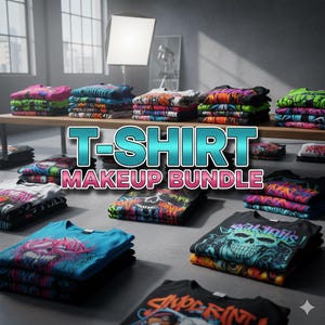 Può includere: Pile di magliette grafiche colorate con disegni di teschi e opere d'arte vivaci. Il testo "T-SHIRT MAKEUP BUNDLE" è visualizzato in turchese e rosa. Le magliette sono piegate, mostrando una varietà di colori e stili.