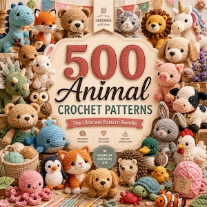 Puede incluir: Una colección de varias figuras de animales de ganchillo que rodean un letrero central que dice 500 Animal CROCHET PATTERNS The Ultimate Pattern Bundle. Las figuras incluyen un dinosaurio azul, zorro, oso, gato, león, unicornio, búho, ballena, pingüino, cerdo, vaca, pato, erizo, tortuga y pulpo.