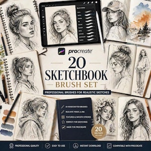 May include: An artistic composition featuring a Procreate 20 Sketchbook Brush Set. The image showcases sketches of women in various styles, a tablet with a stylus, and a dark blue notebook. The text highlights professional brushes for realistic sketches.