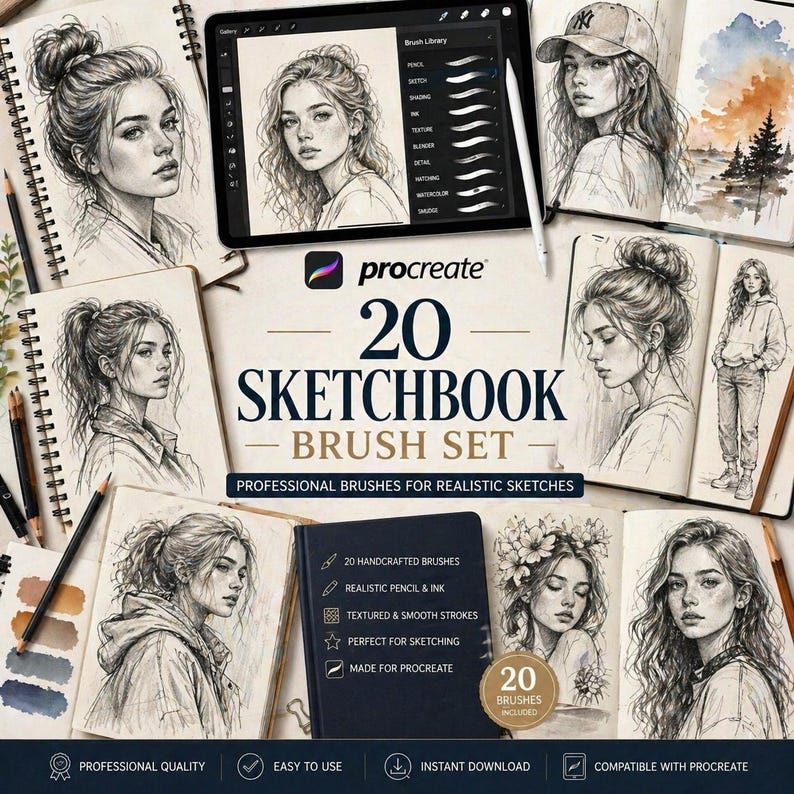 May include: An artistic composition featuring a Procreate 20 Sketchbook Brush Set. The image showcases sketches of women in various styles, a tablet with a stylus, and a dark blue notebook. The text highlights professional brushes for realistic sketches.