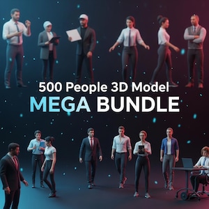 May include: A digital rendering showcasing a collection of 3D model figures in various poses and attire. The text "500 People 3D Model MEGA BUNDLE" is prominently displayed in white and blue, suggesting a large digital asset package.