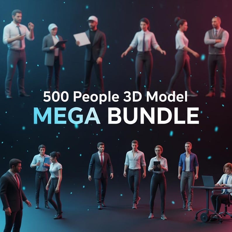 May include: A digital image featuring multiple 3D model figures in diverse poses and clothing. The text "500 People 3D Model MEGA BUNDLE" is displayed in white and blue, indicating a large digital asset package for use.