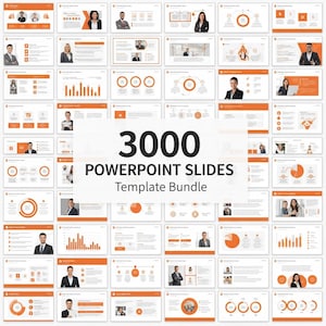 Puede incluir: Un conjunto de 3000 plantillas de diapositivas de PowerPoint. Las diapositivas tienen una combinación de colores naranja y blanco y presentan varios gráficos, diagramas e imágenes relacionadas con los negocios. El texto "3000 POWERPOINT SLIDES Template Bundle" es visible.