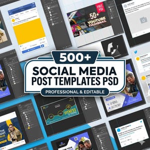 Puede incluir: Imagen de plantillas de publicaciones para redes sociales en formato PSD. El texto principal dice: "500+ SOCIAL MEDIA POST TEMPLATES PSD PROFESSIONAL & EDITABLE". Se ven maquetas de Facebook y Twitter.