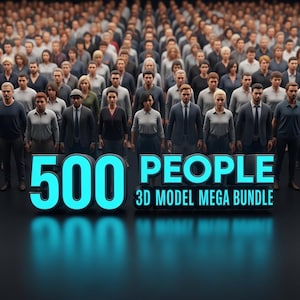 May include: A large crowd of people in business attire. The text "500 PEOPLE 3D MODEL MEGA BUNDLE" is displayed in bright blue, suggesting a digital product or resource for 3D modelling.