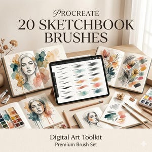 May include: A digital art toolkit with a premium brush set for Procreate. The image shows a tablet displaying 20 sketchbook brushes, surrounded by open sketchbooks with watercolor illustrations, pencils, and paint palettes. Text reads "Procreate 20 Sketchbook Brushes" and "Digital Art Toolkit Premium Brush Set."