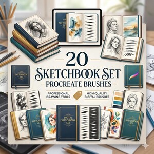May include: An assortment of digital sketchbook sets and Procreate brushes. The image features multiple sketchbooks with portraits and brushstroke examples. Text reads "20 Sketchbook Set - Procreate Brushes", "Professional Drawing Tools", and "High-Quality Digital Brushes."