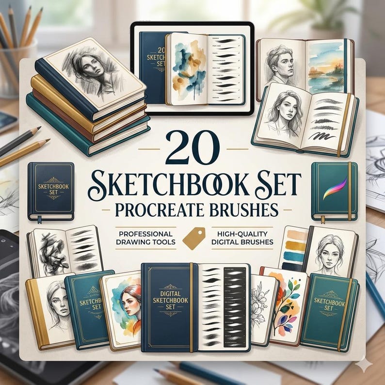 May include: An assortment of digital sketchbook sets and Procreate brushes. The image features multiple sketchbooks with portraits and brushstroke examples. Text reads "20 Sketchbook Set - Procreate Brushes", "Professional Drawing Tools", and "High-Quality Digital Brushes."