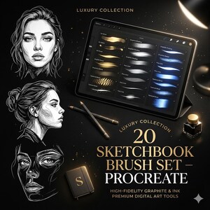 May include: A digital art product display featuring a tablet showcasing Procreate brushes. The image includes pencil sketches of women, pencils, an ink bottle, and a small notebook. Text reads "Luxury Collection" and "20 Sketchbook Brush Set - Procreate."