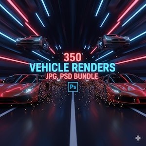 Peut inclure: Une image numérique présentant des voitures de sport rouges avec des phares lumineux, sur un fond sombre avec des stries néon bleues et rouges. Le texte "350 VEHICLE RENDERS JPG, PSD BUNDLE" est affiché.
