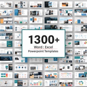 Könnte beinhalten: Eine Sammlung von PowerPoint-Vorlagen mit einem türkisfarbenen Rahmen, die den Text "1300+ Word: Excel Powerpoint Templates" zeigen. Die Vorlagen präsentieren verschiedene Geschäfts- und Datenvisualisierungsdesigns mit einer klaren und modernen Ästhetik.