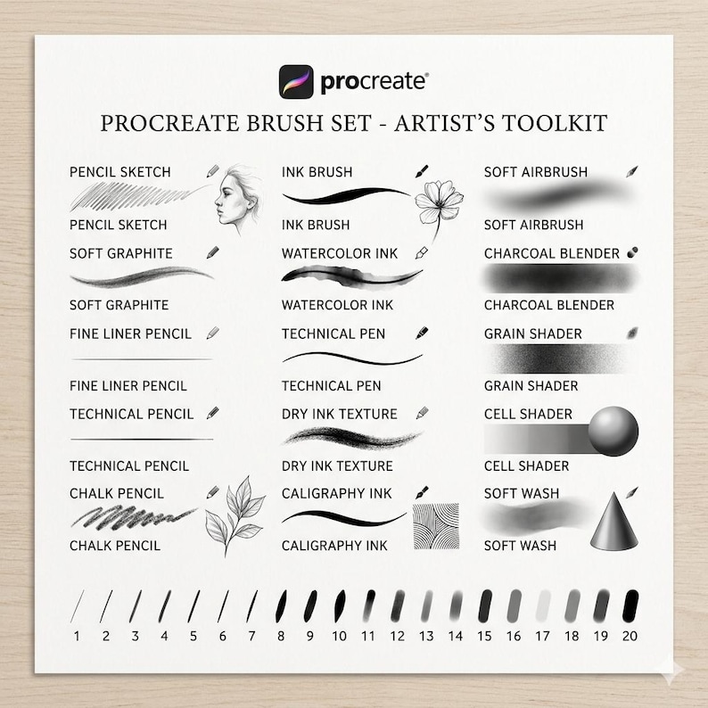 May include: A white sheet displays a Procreate brush set, labeled "Artist's Toolkit." The set includes pencil, ink, watercolor, and airbrush styles, with examples of each brush stroke. Numbers 1-20 at the bottom show color variations.