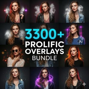 Peut inclure: Image promotionnelle d'un ensemble d'overlays. L'image présente neuf portraits d'une femme avec divers effets visuels, tels que des effets de lumière et de fumée, avec le texte "3300+ PROLIFIC OVERLAYS BUNDLE".