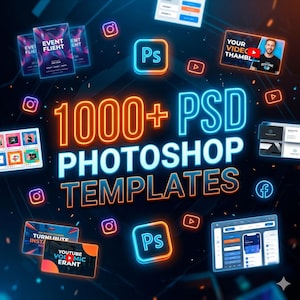 Könnte beinhalten: Eine digitale Grafik, die 1000+ PSD Photoshop-Vorlagen bewirbt. Das Bild zeigt Neon-Text und Symbole für Social-Media-Plattformen wie Instagram, YouTube und Facebook. Verschiedene Designvorlagen werden angezeigt, darunter Event-Flyer und Website-Mockups.