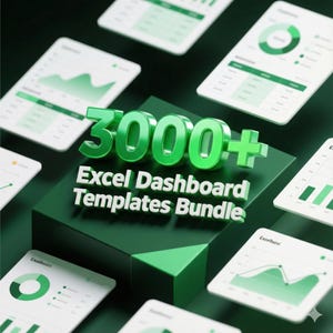 May include: A 3D rendering showcases a bundle of Excel dashboard templates. The image features the text "3000+ Excel Dashboard Templates Bundle" in white and green. Several digital devices display charts and graphs in shades of green.