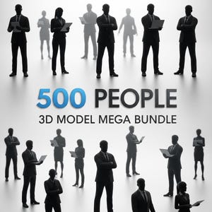 May include: A graphic showing numerous silhouetted figures in business suits. The text "500 PEOPLE" is in blue and black, with "3D MODEL MEGA BUNDLE" underneath. The figures are in different poses, some holding laptops or documents.