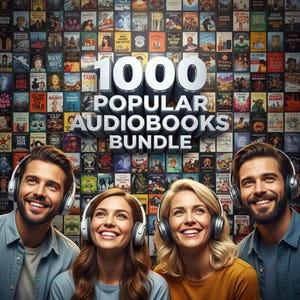Könnte beinhalten: Bild von vier lächelnden Personen mit Kopfhörern, mit einer Kulisse aus zahlreichen Hörbuchcovern. Der Text "1000 Popular Audiobooks Bundle" ist deutlich sichtbar. Das Gesamtthema deutet auf eine Sammlung von Hörbüchern hin.