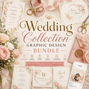 May include: A wedding graphic design bundle featuring floral-themed invitations, a menu, thank you card, and logo templates. The collection includes gold-toned text, pink rose accents, a ring box with a ring, and a smartphone displaying social media.