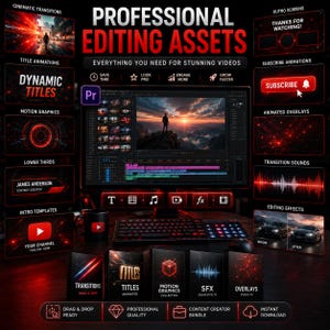 May include: A promotional image for professional video editing assets. The image features a computer setup with a monitor displaying video editing software, surrounded by various graphic elements, including titles, transitions, and animated overlays. The text reads "Professional Editing Assets."