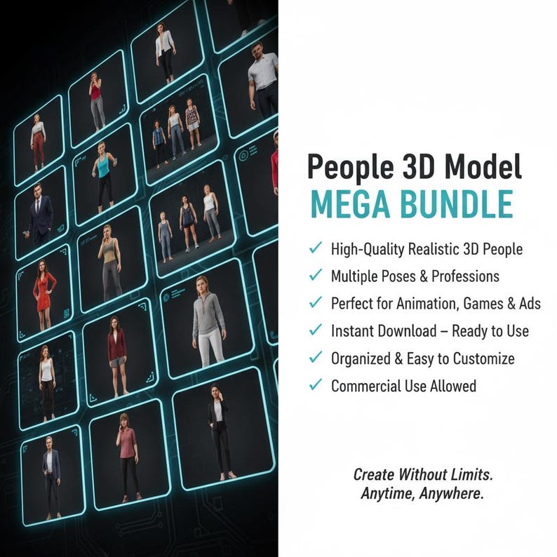 May include: A digital art image presents a "People 3D Model MEGA BUNDLE." The image displays a grid of 3D models of people in diverse poses and professions. Text highlights features such as high-quality models, multiple poses, and instant download.