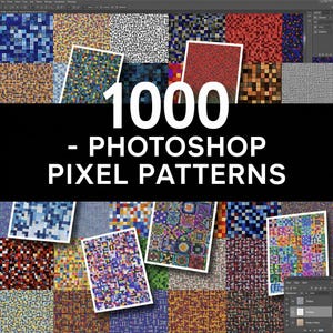 Może przedstawiać: Kolekcja wzorów pikseli w różnych kolorach i wzorach. Obraz zawiera tekst "1000 - Photoshop Pixel Patterns" dużymi białymi literami na czarnym tle. Wokół tekstu wyświetlanych jest kilka przykładowych wzorów.