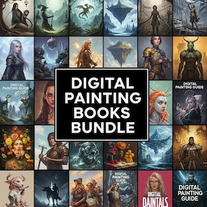 Może przedstawiać: Kolekcja książek do malowania cyfrowego, z grafikami fantasy. Okładki przedstawiają różnorodne postacie, krajobrazy i stworzenia. Centralny tekst brzmi "DIGITAL PAINTING BOOKS BUNDLE". Niektóre okładki zawierają tekst "DIGITAL PAINTING GUIDE" i "DIGITAL DAINTALS".
