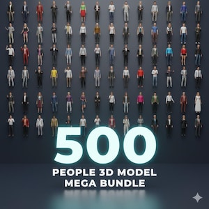 May include: A collection of 3D model figures of people in various outfits, arranged on a dark background. The number "500" is prominently displayed, with the text "PEOPLE 3D MODEL MEGA BUNDLE" below.