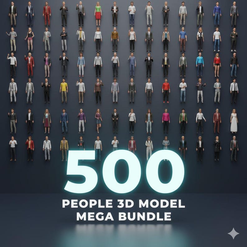 May include: A collection of 3D model figures of people in various outfits, arranged on a dark background. The number "500" is prominently displayed, with the text "PEOPLE 3D MODEL MEGA BUNDLE" below.