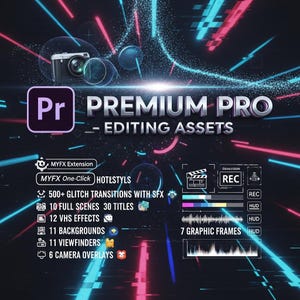 Könnte beinhalten: Digitales Werbegrafik für "Premium Pro - Editing Assets". Das Bild zeigt ein Kamera-Symbol, das "Pr"-Logo und eine Liste von Funktionen, darunter Glitch-Übergänge, vollständige Szenen, VHS-Effekte, Hintergründe, Sucher und Kamera-Overlays.